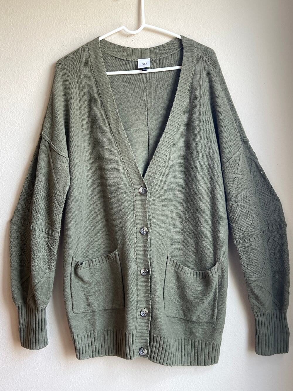 Cabi Serenity Cardigan Sweater Medium Olive Green Textured Sleeve Pocket